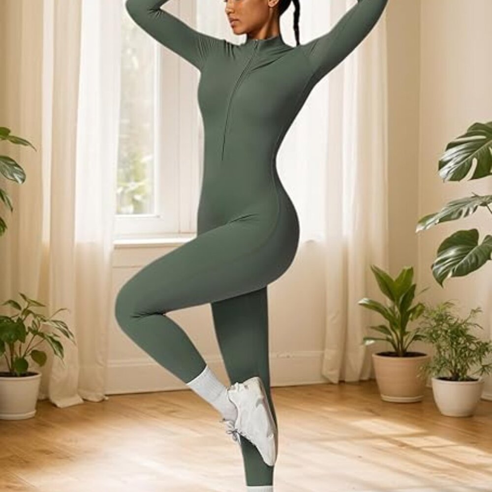 Women’s long‑sleeve zip workout jumpsuit, full‑length stretchy active bodysuit - Picture 10 of 15